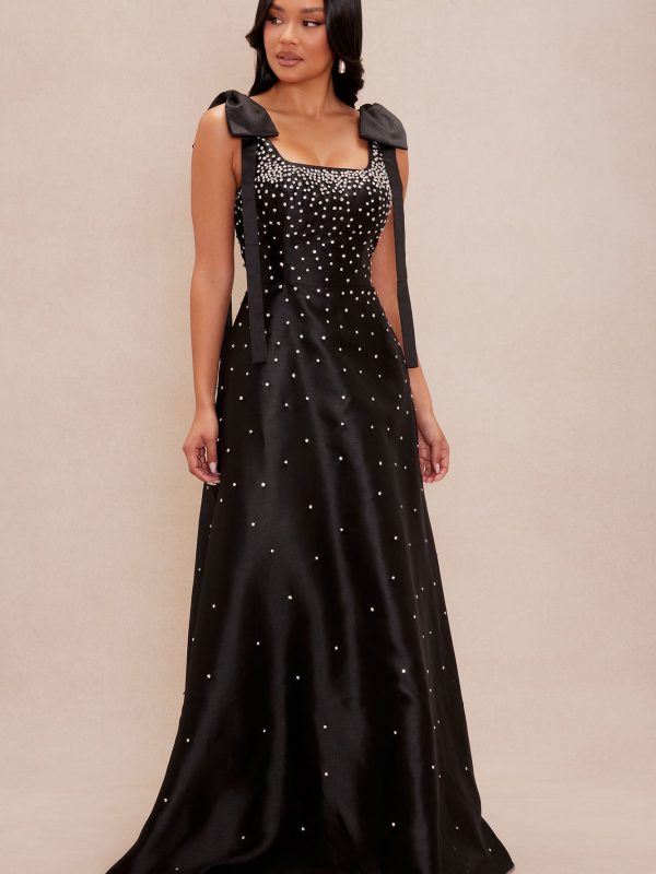 Dana Embellished Satin Maxi Dress - Black