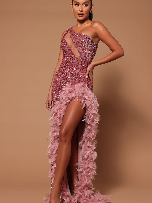 Esme Sequin Feather Maxi Dress - Pink