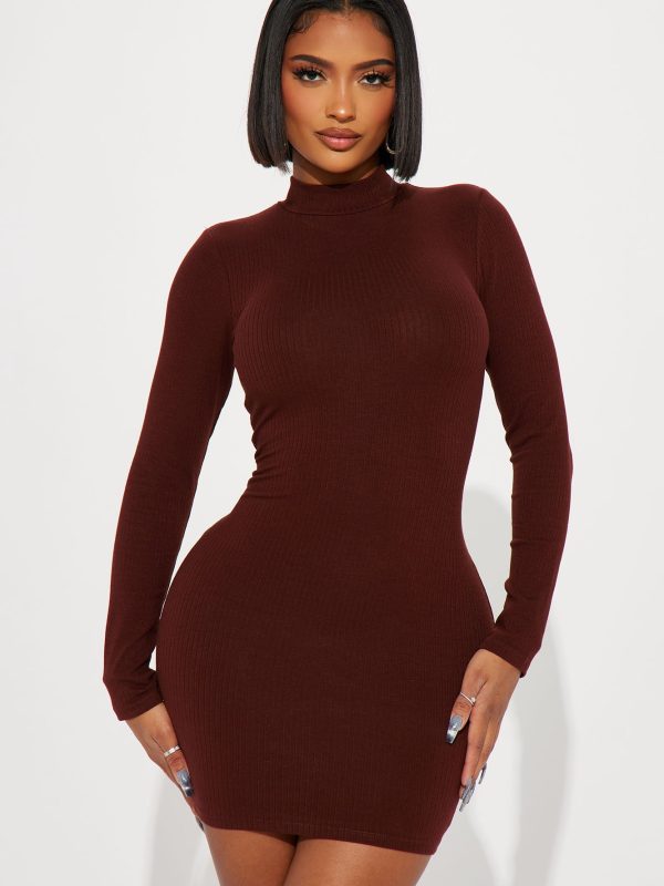 Essential Ribbed Mini Dress - Brown