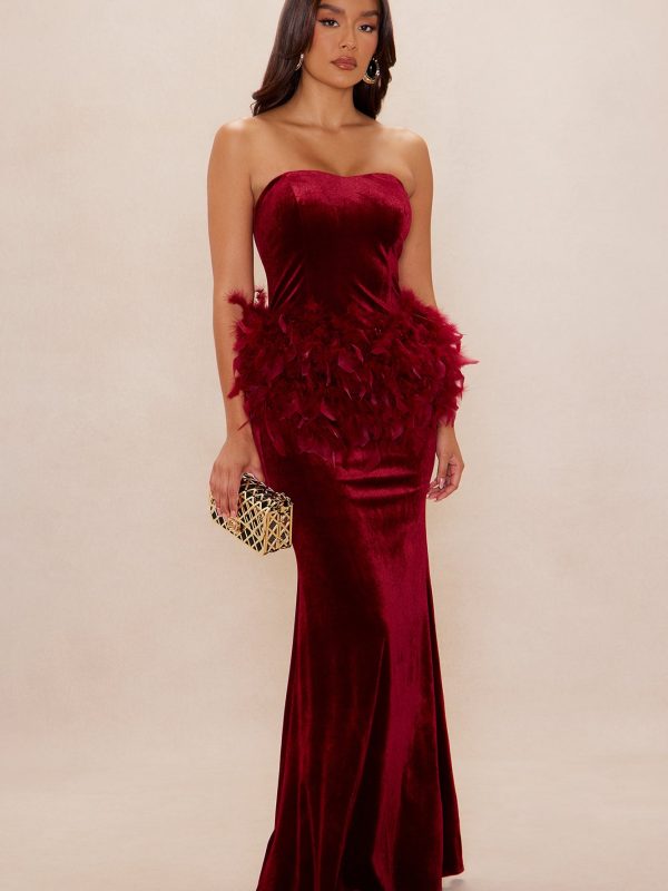 Have A Ball Feather Velvet Gown - Burgundy