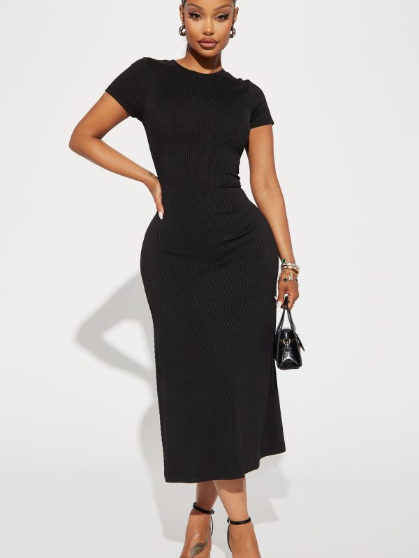 Madison Ribbed Midi Dress - Black