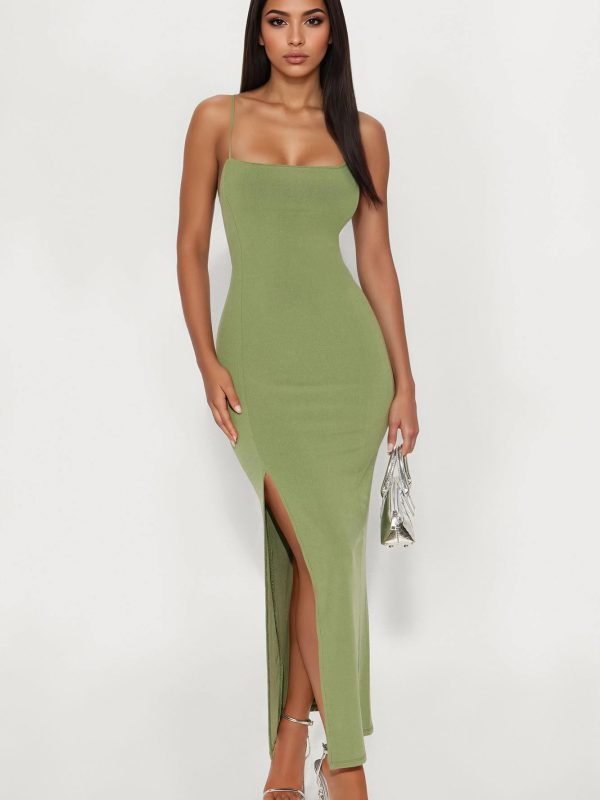 Piper High Slit Ribbed Maxi Dress - Olive